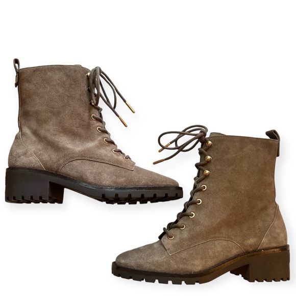 Tory Burch Suede Combat Lug Sole Lace Up Boots Nat River Rock Brown 85071 Gold - Picture 5 of 12